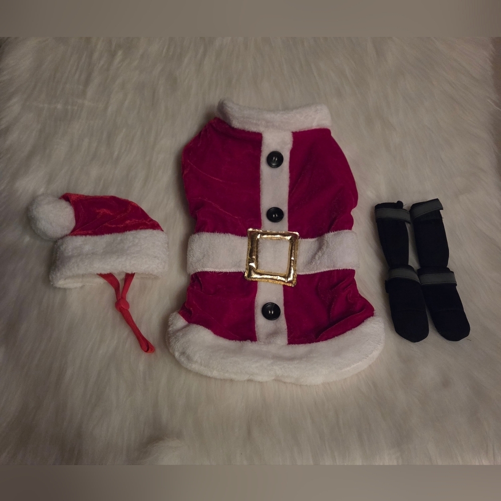 Red and White Pet Santa Outfit w/ Hat and Boots (XS-SM)